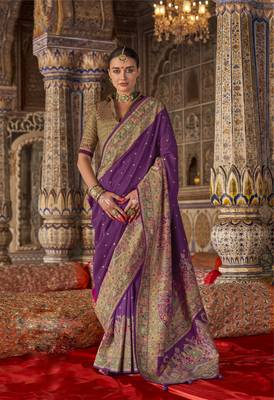Purple silk blend printed saree with unstitched blouse piece 1