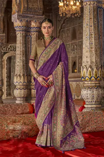Purple silk printed saree with unstitched blouse piece