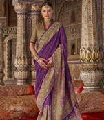 Purple silk printed saree with unstitched blouse piece