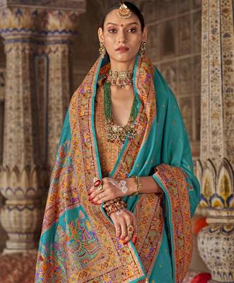 Turquoise silk blend printed saree with unstitched blouse piece 2
