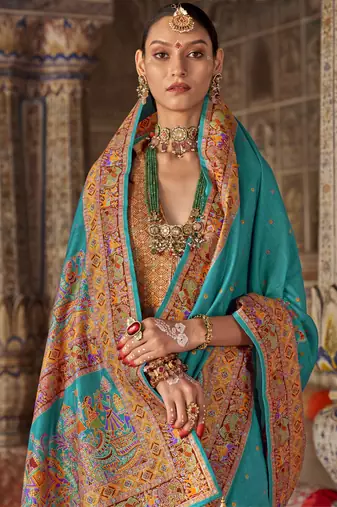 Turquoise silk blend printed saree with unstitched blouse piece