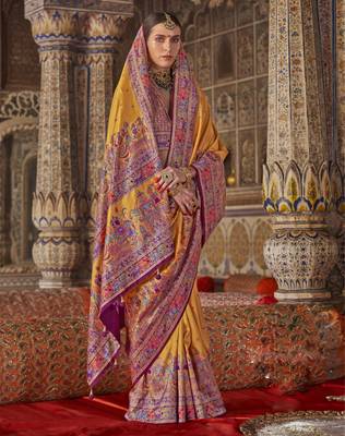 Mustard silk blend printed saree with unstitched blouse piece 1