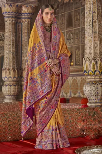 Mustard silk printed saree with unstitched blouse piece