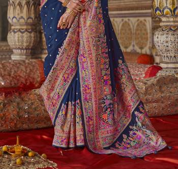 Navy blue silk blend printed saree with unstitched blouse piece 3
