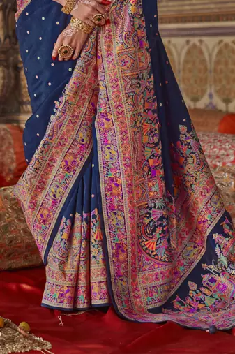 Navy blue silk blend printed saree with unstitched blouse piece
