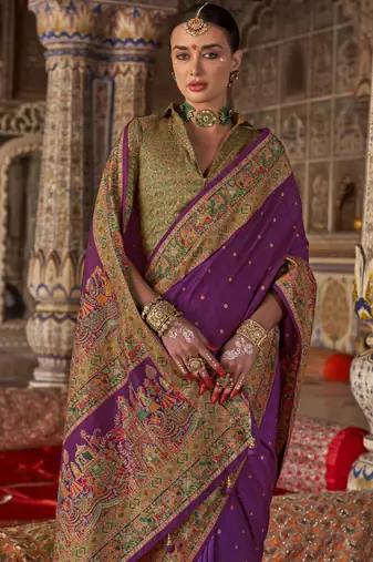 Purple silk blend printed saree with unstitched blouse piece