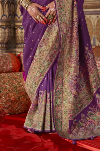 Purple silk blend printed saree with unstitched blouse piece
