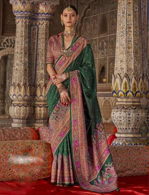 Dark green silk blend printed saree with unstitched blouse piece 1