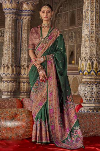 Dark green silk printed saree with unstitched blouse piece