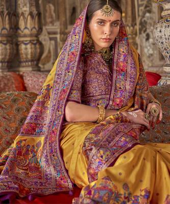 Mustard silk blend printed saree with unstitched blouse piece 2