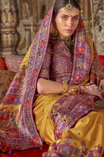 Mustard silk blend printed saree with unstitched blouse piece