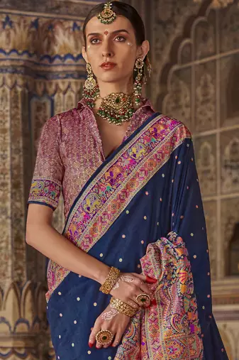 Navy blue silk blend printed saree with unstitched blouse piece