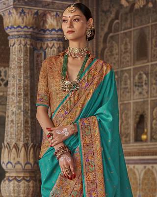 Turquoise silk blend printed saree with unstitched blouse piece 4