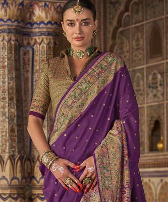 Purple silk blend printed saree with unstitched blouse piece 4