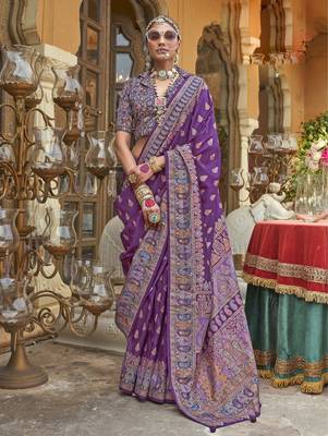 Purple silk blend printed saree with unstitched blouse piece 1