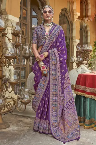 Purple silk printed saree with unstitched blouse piece
