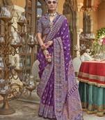 Purple silk printed saree with unstitched blouse piece