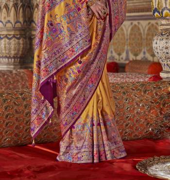 Mustard silk blend printed saree with unstitched blouse piece 3
