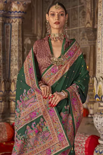 Dark green silk blend printed saree with unstitched blouse piece