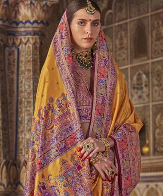 Mustard silk blend printed saree with unstitched blouse piece 4