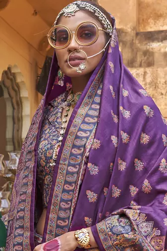 Purple silk blend printed saree with unstitched blouse piece