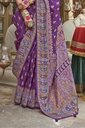 Purple silk blend printed saree with unstitched blouse piece