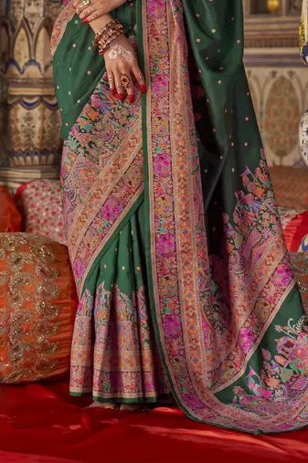 Dark green silk blend printed saree with unstitched blouse piece