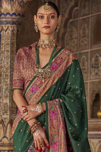 Dark green silk blend printed saree with unstitched blouse piece