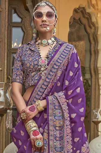 Purple silk blend printed saree with unstitched blouse piece