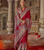 Red silk printed saree with unstitched blouse piece