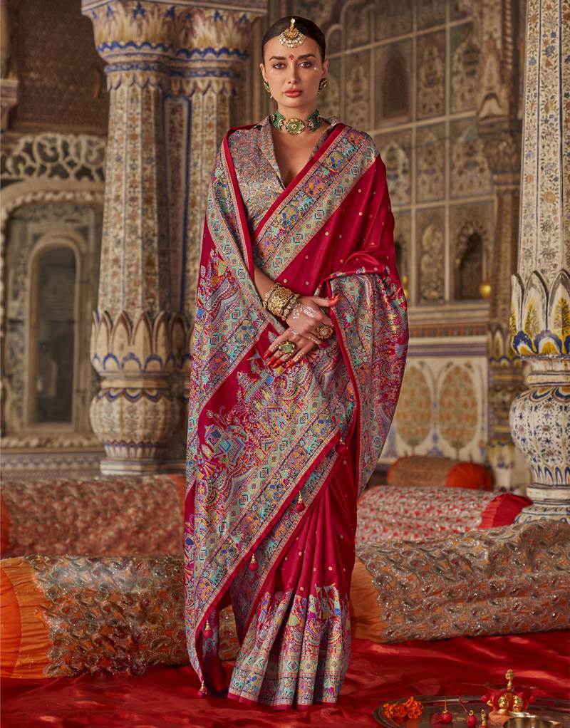 Red silk printed saree with unstitched blouse piece