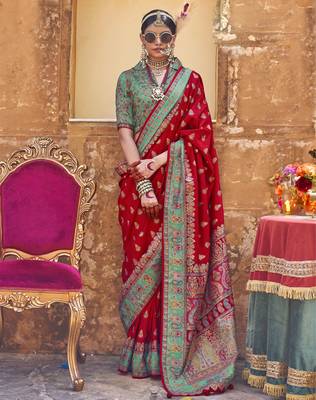 Red silk blend printed saree with unstitched blouse piece 1