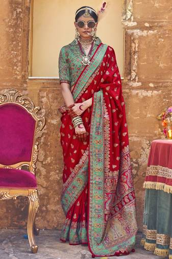 Red silk printed saree with unstitched blouse piece