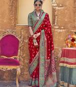 Red silk printed saree with unstitched blouse piece