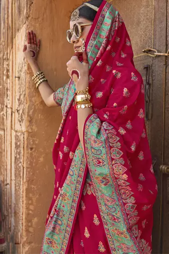Red silk blend printed saree with unstitched blouse piece