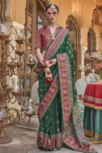 Dark green silk printed saree with unstitched blouse piece