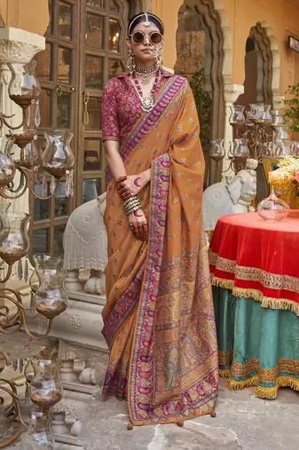 Mustard silk printed saree with unstitched blouse piece