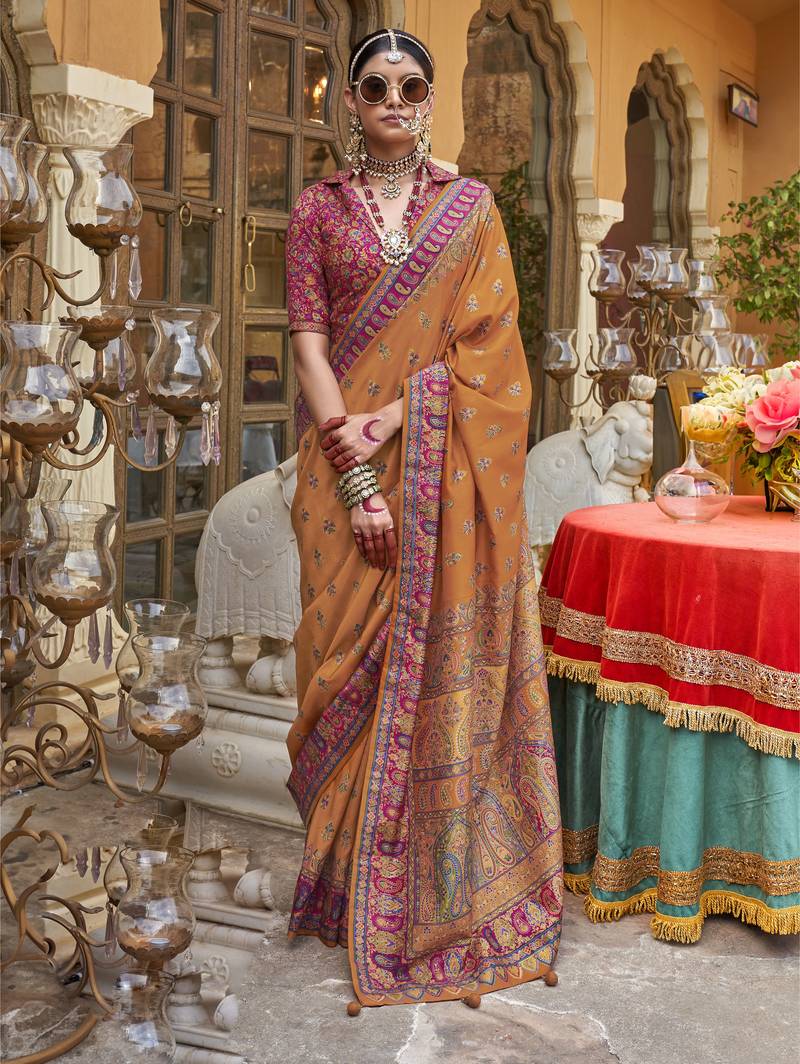 Mustard silk printed saree with unstitched blouse piece