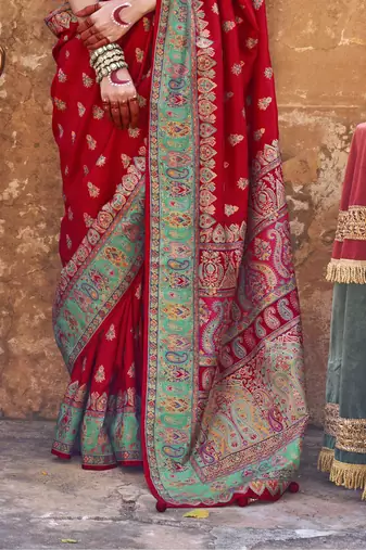 Red silk blend printed saree with unstitched blouse piece