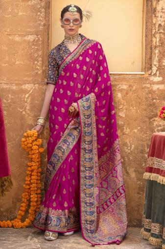 Magenta silk printed saree with unstitched blouse piece