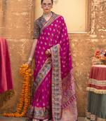 Magenta silk printed saree with unstitched blouse piece