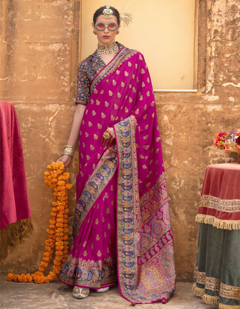 Magenta silk printed saree with unstitched blouse piece