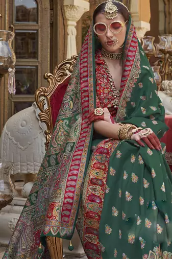Dark green silk blend printed saree with unstitched blouse piece