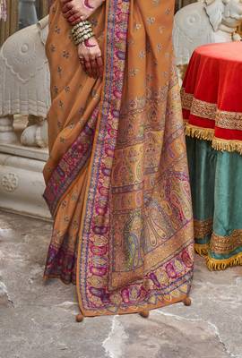 Mustard silk blend printed saree with unstitched blouse piece 3