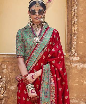 Red silk blend printed saree with unstitched blouse piece 4