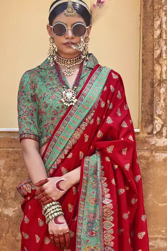 Red silk blend printed saree with unstitched blouse piece