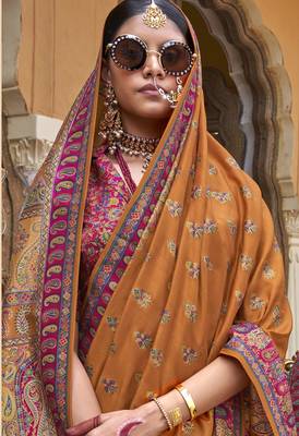 Mustard silk blend printed saree with unstitched blouse piece 4