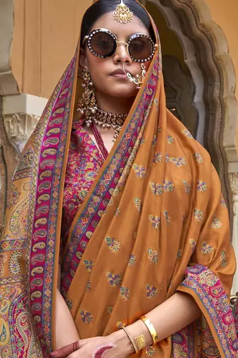 Mustard silk blend printed saree with unstitched blouse piece