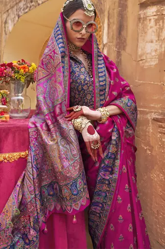 Magenta silk blend printed saree with unstitched blouse piece