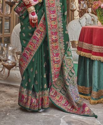 Dark green silk blend printed saree with unstitched blouse piece 3